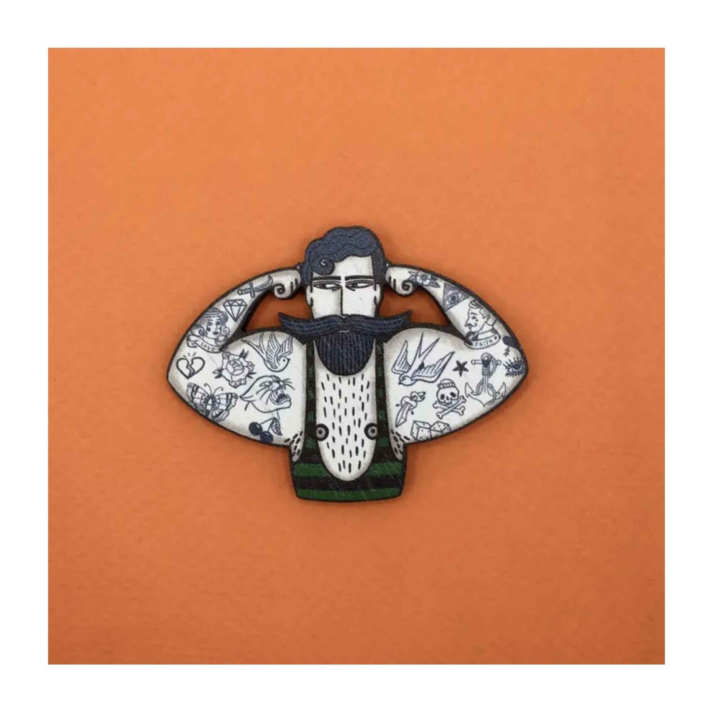 Circus Strongman Wooden Pin Brooch