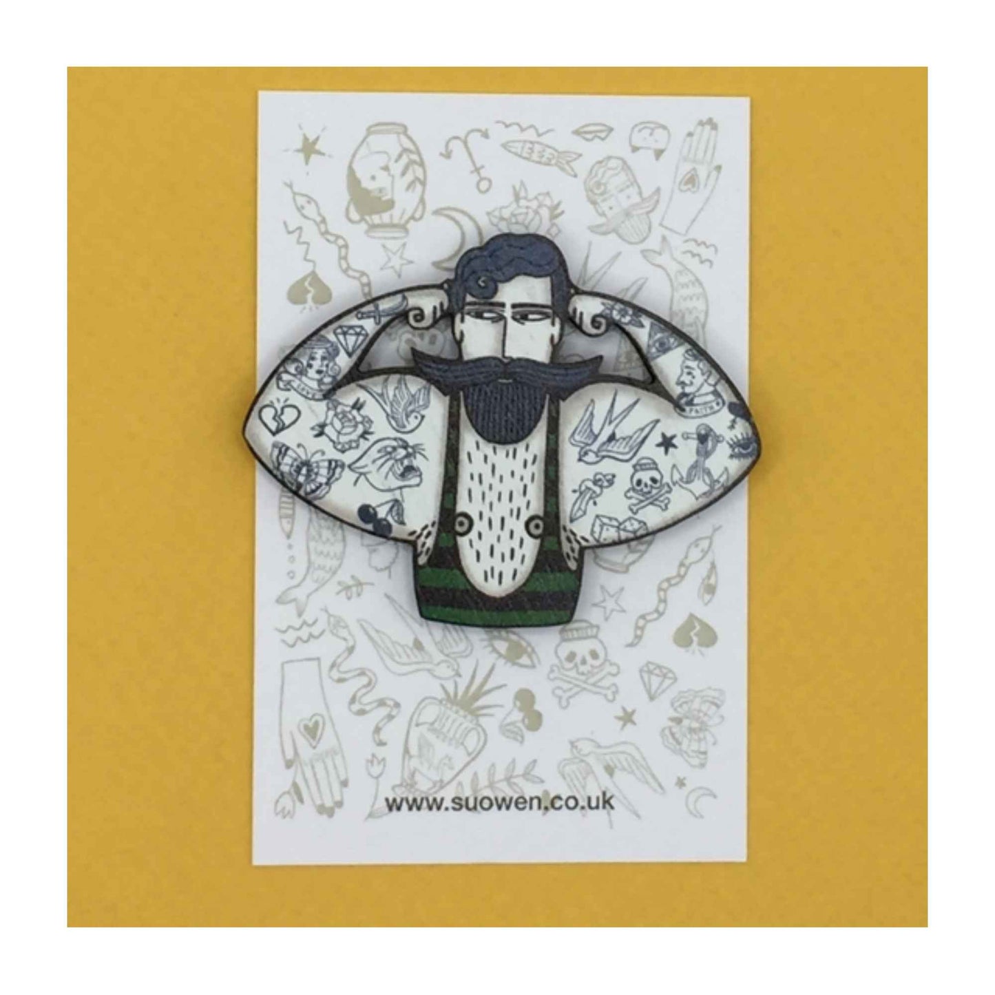 Circus Strongman Wooden Pin Brooch