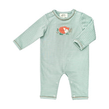  A handcrafted babygro in a light green and white stripe with embroidered fox detailing on the chest.