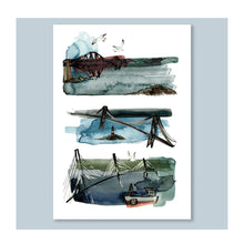  A fine art giclee print of an original illustration by Tori Gray featuring the 3 Bridges on the Forth.