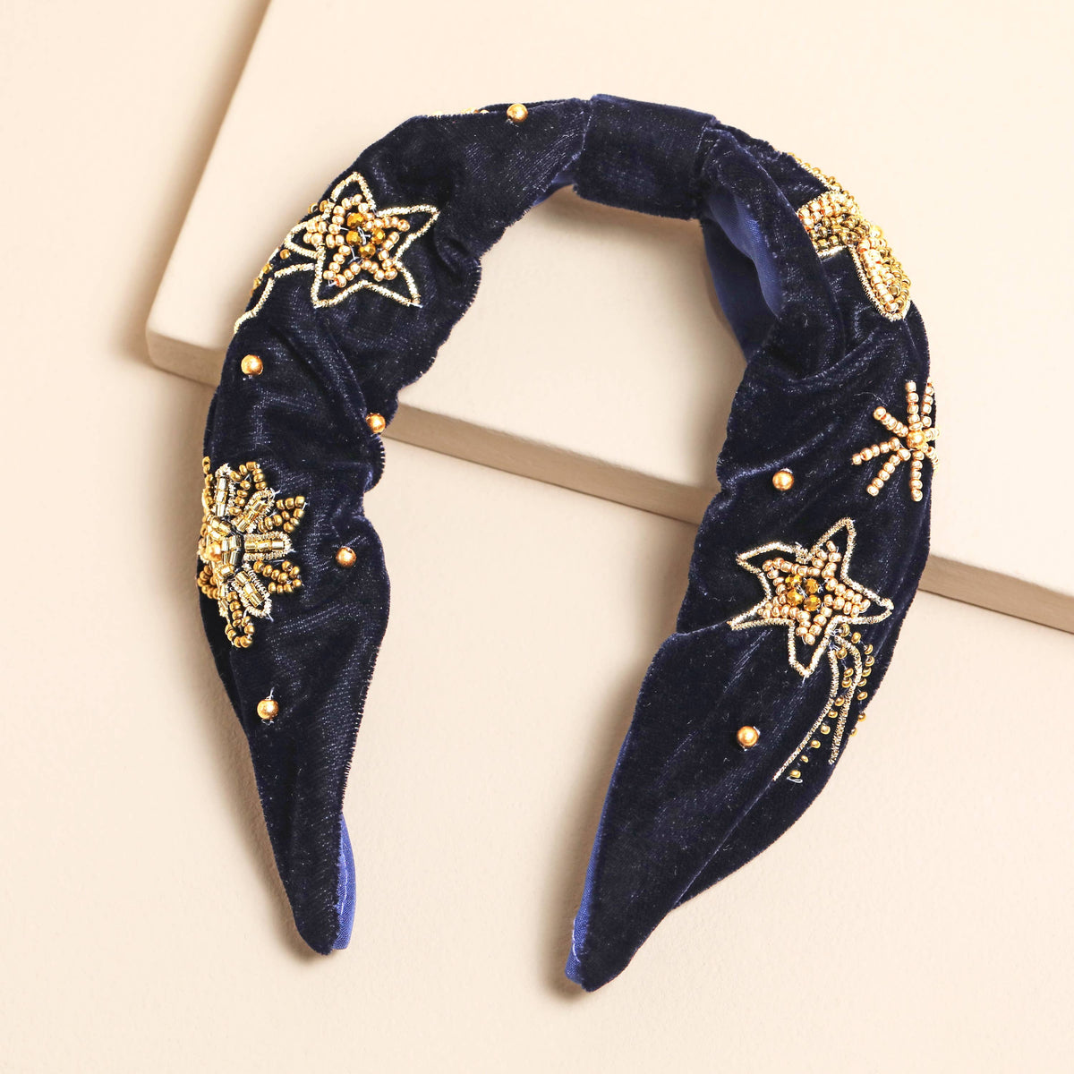 Navy Velvet Gold Celestial Beaded Headband