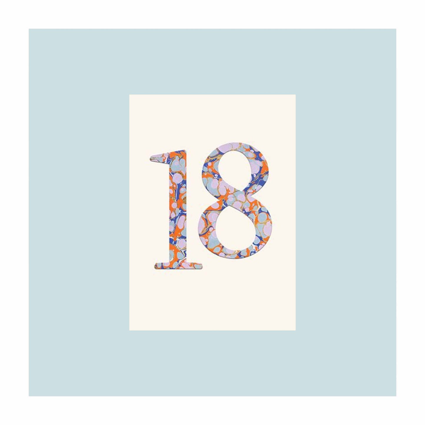 An 18th birthday card featuring the number 18 in a marble effect with gold foil detailing. Colours of orange, lilac and blue run through on a white background.