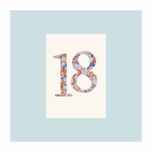  An 18th birthday card featuring the number 18 in a marble effect with gold foil detailing. Colours of orange, lilac and blue run through on a white background.