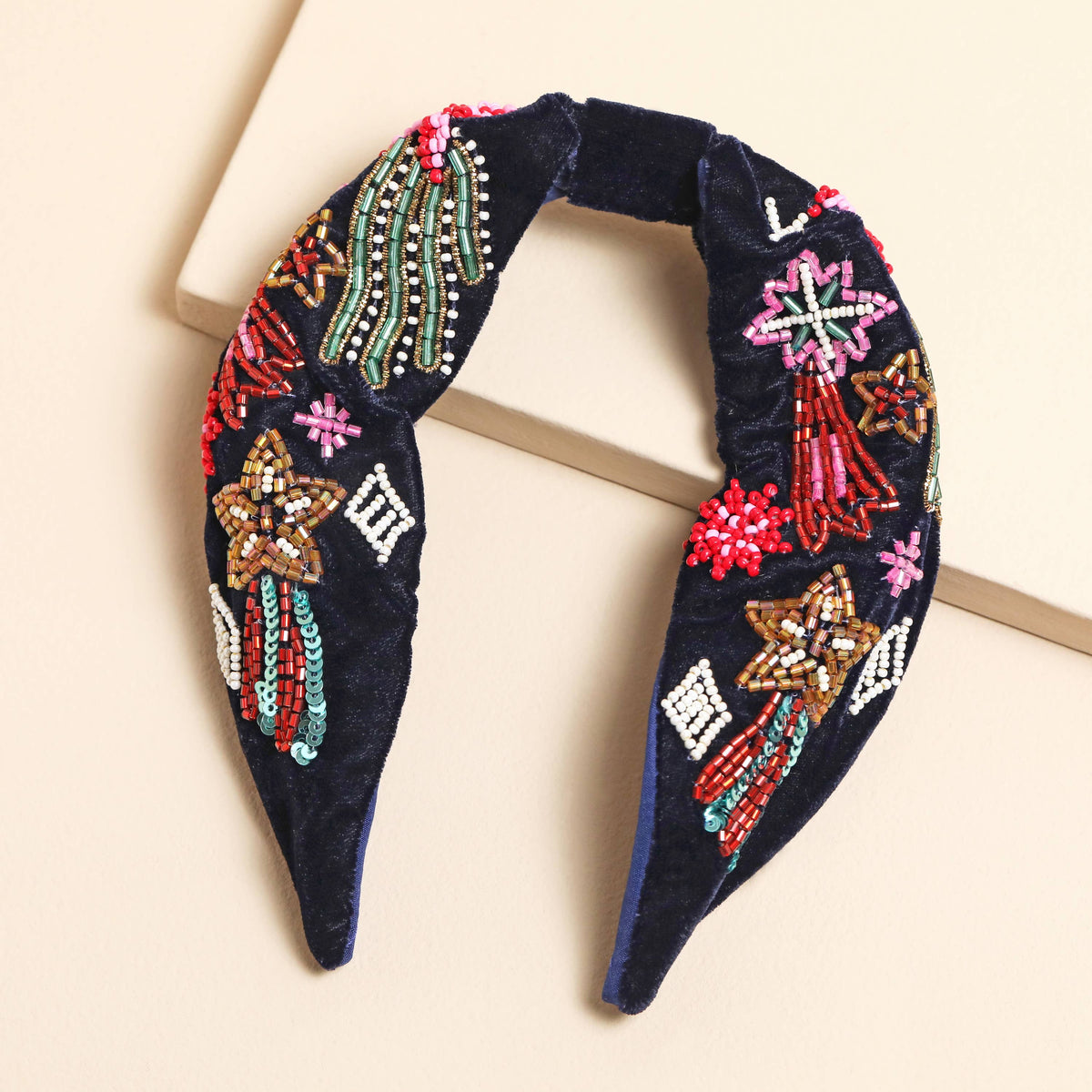 Navy Velvet Rainbow Celestial Beaded Headband