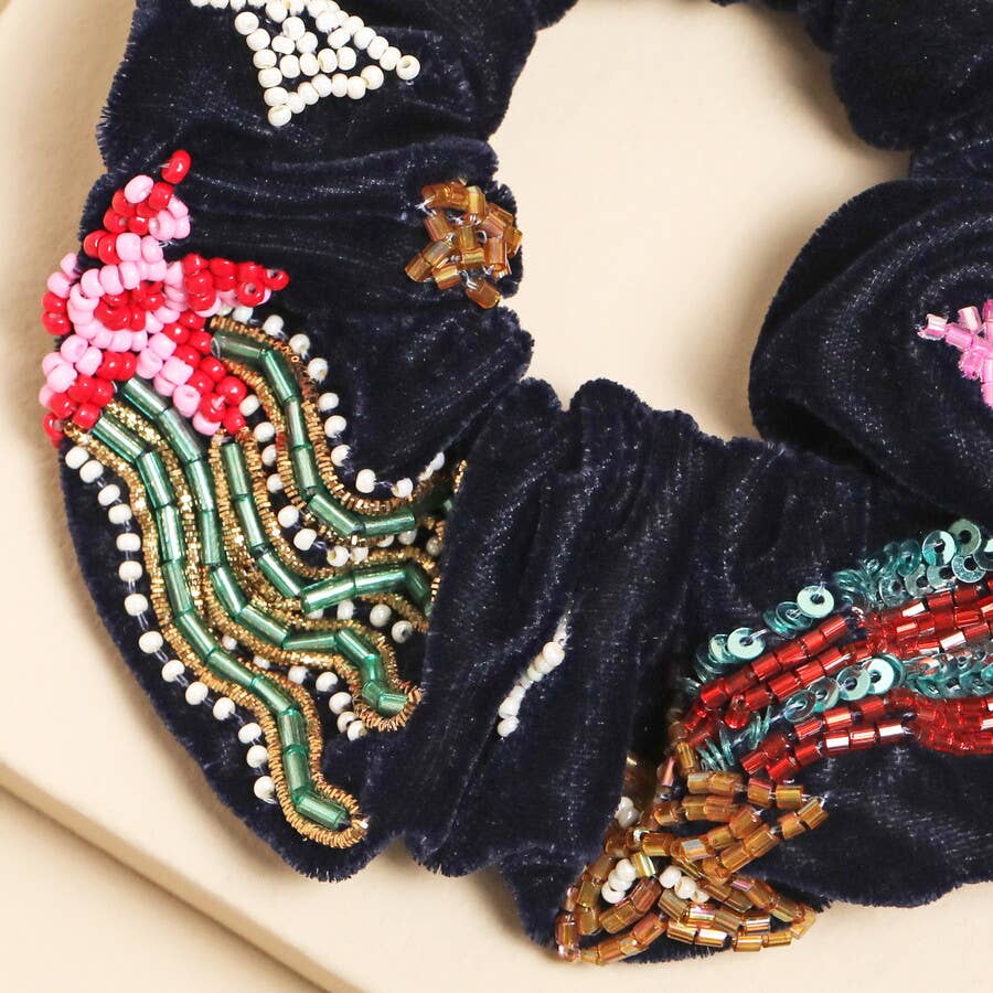 Navy Velvet Shooting Star Beaded Hair Scrunchie