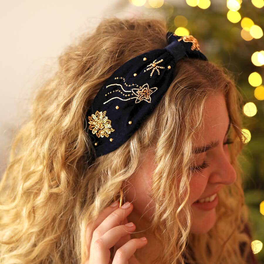 Navy Velvet Gold Celestial Beaded Headband