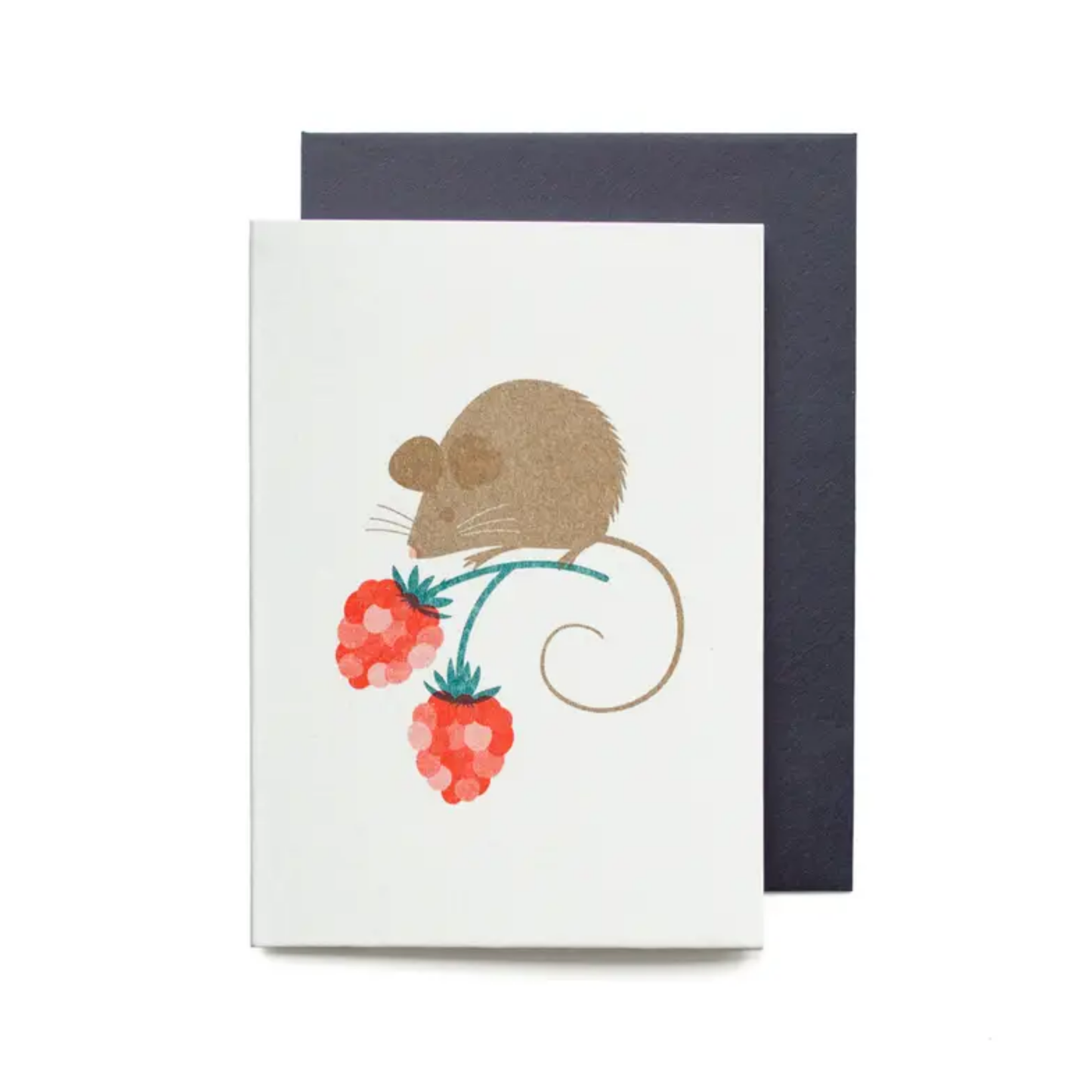 Card with a mouse illustration and strawberries on a white background