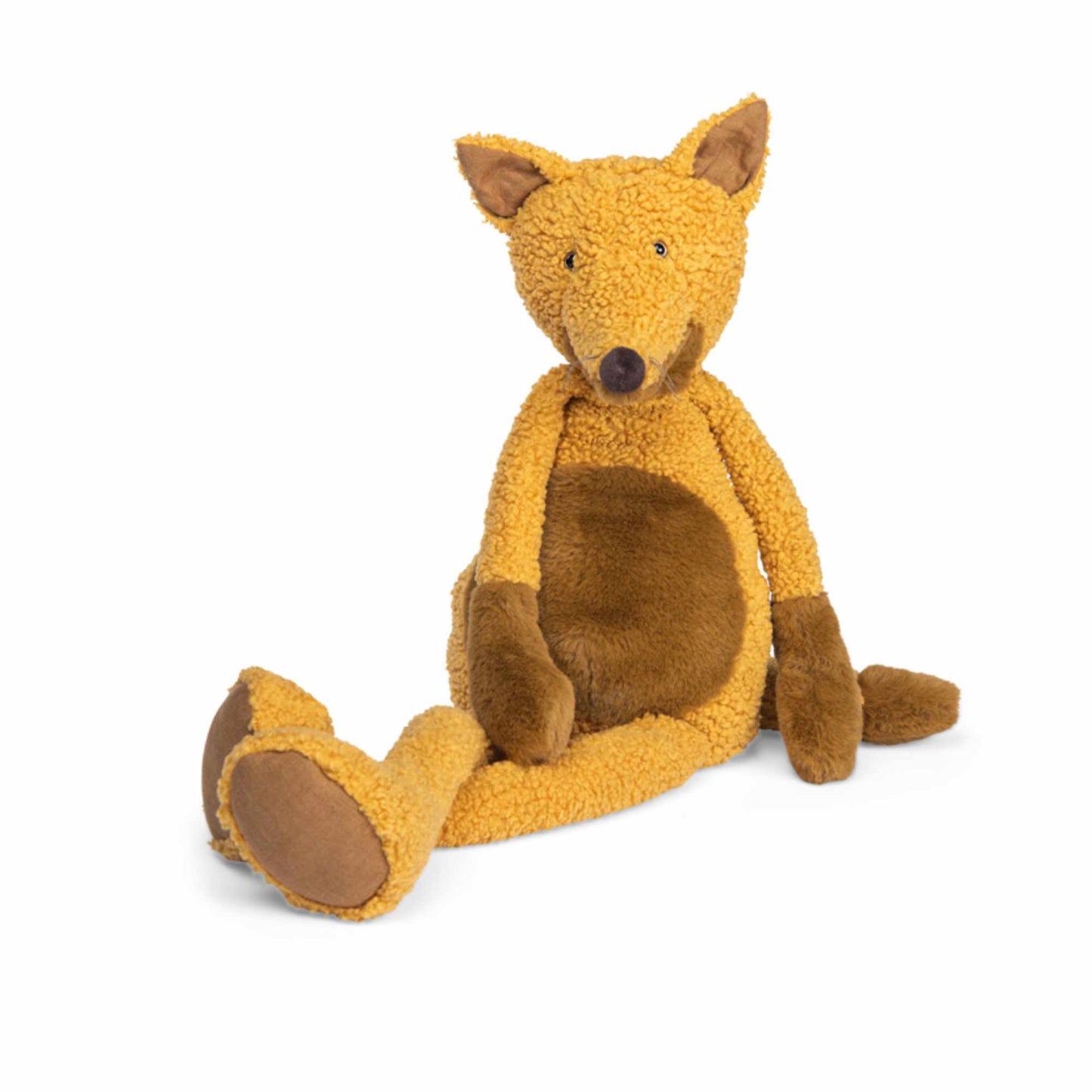 A plush stuffed fox toy in a warm golden-brown color with darker brown accents on its belly, paws, and feet, sitting against a plain white background.