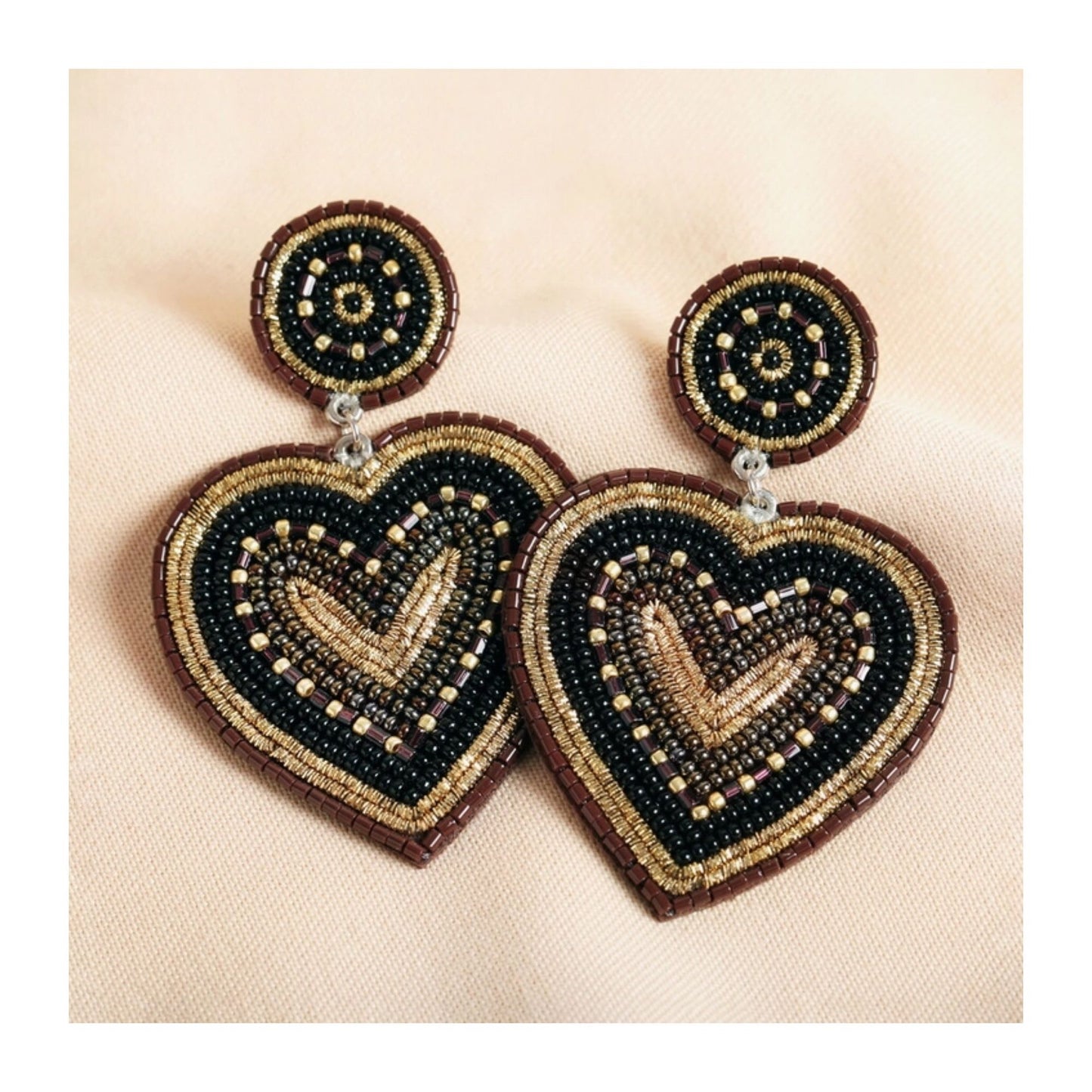 Black Beaded Heart Drop Earrings