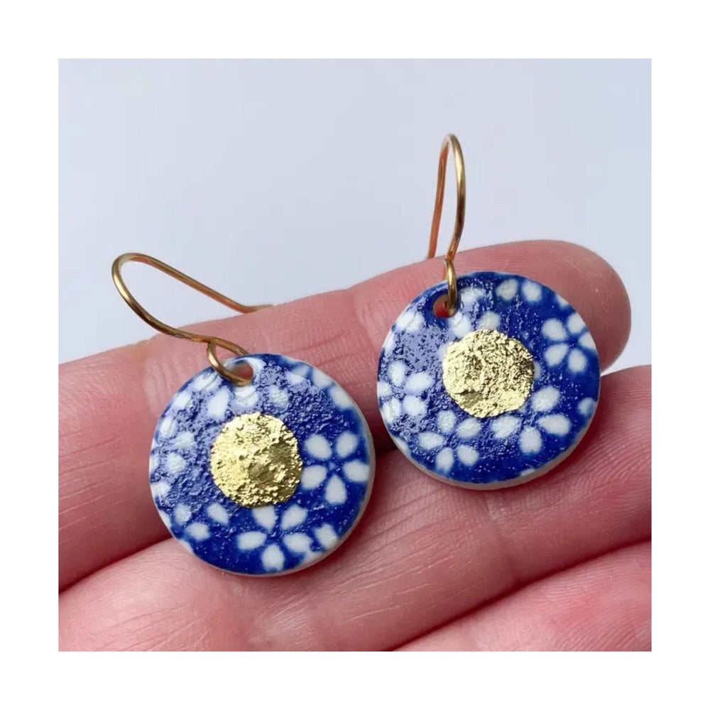 Blue Floral & Gold Lustre Porcelain Earrings