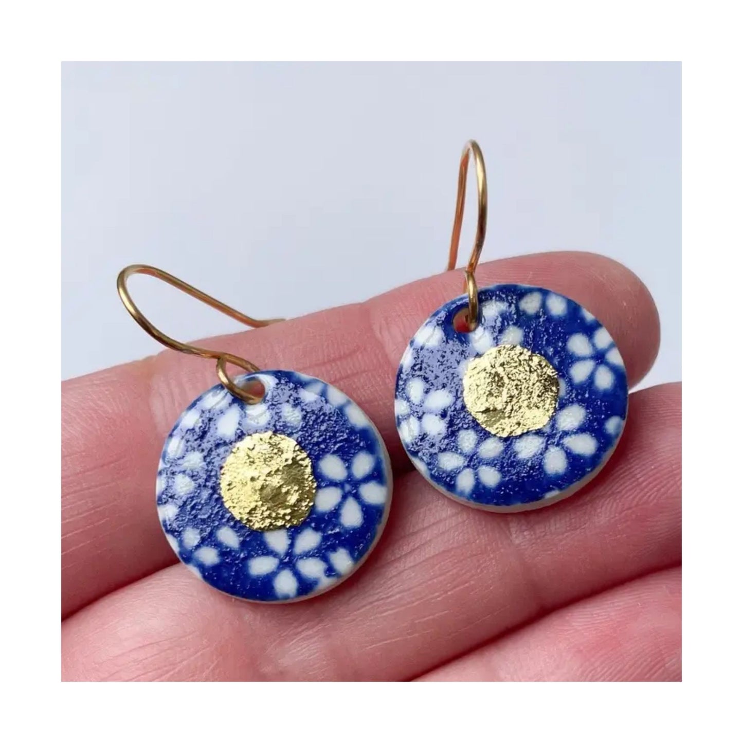 Blue Floral & Gold Lustre Porcelain Earrings