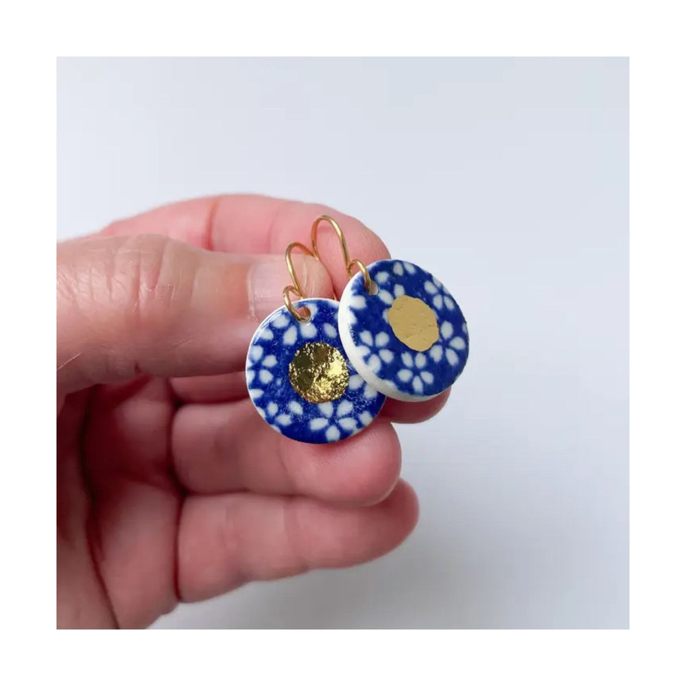 Blue Floral & Gold Lustre Porcelain Earrings