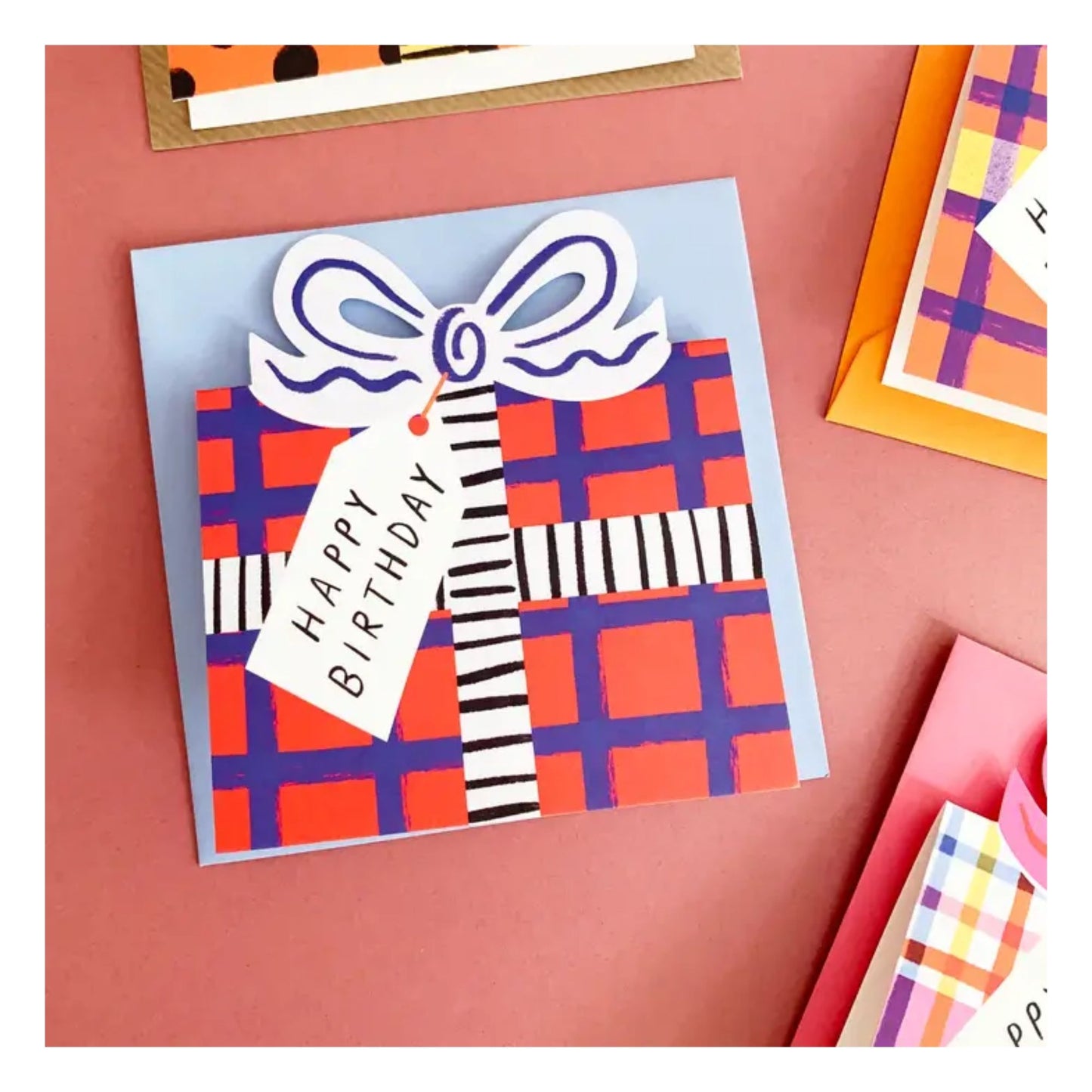 Blue & Red Check Birthday Present Card