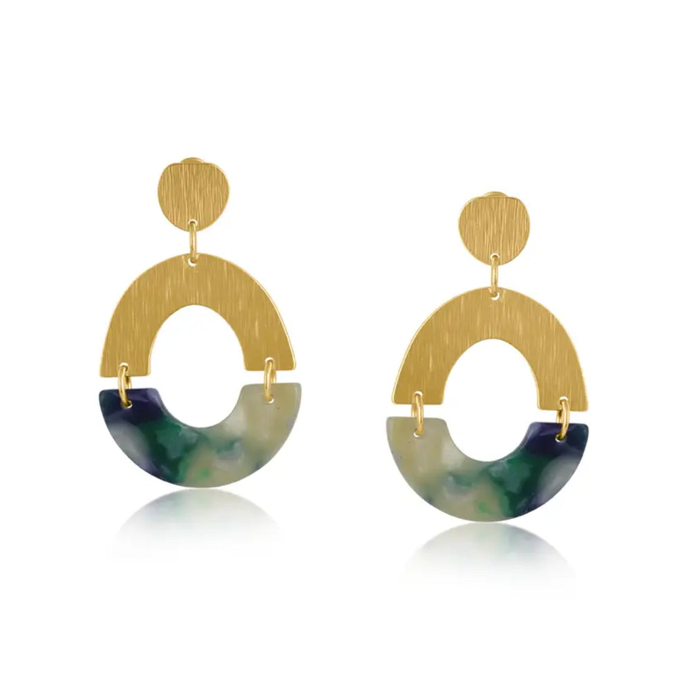 Green and Blue Resin and Brass Oval Drop Earrings