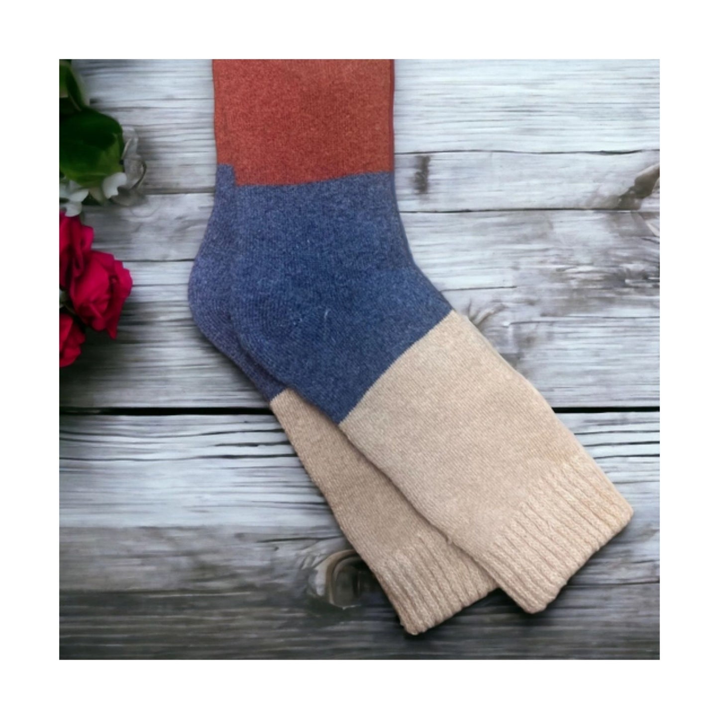 Rust, Navy & Cream Colourblock Cosy Socks