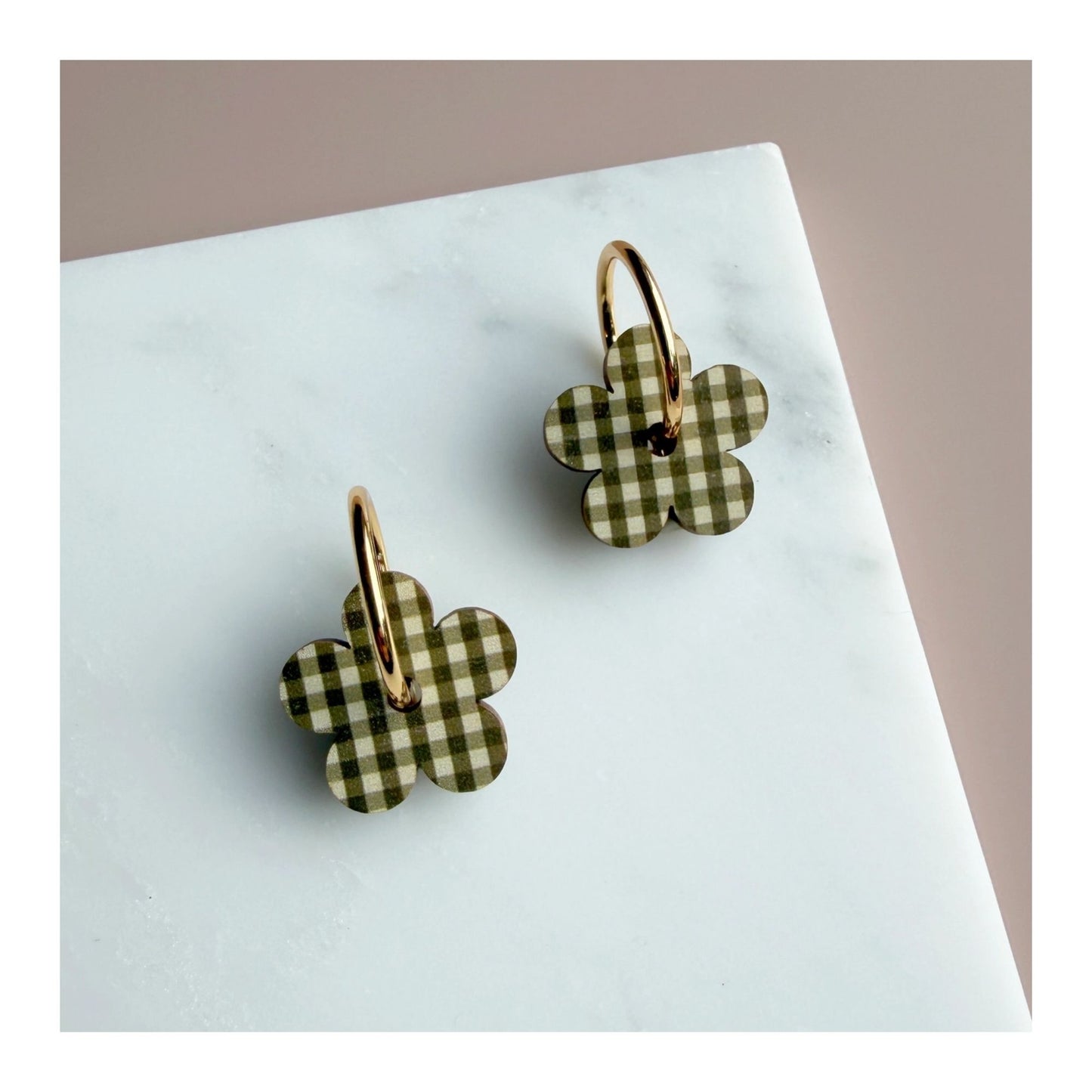 Olive Gingham Daisy Hoop Earrings