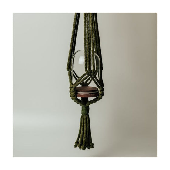 A beautifully handcrafted unique macrame hanger with tea light dome, from Old Green.