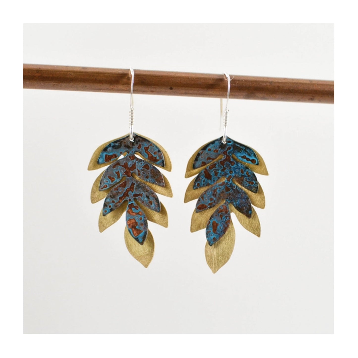 Fern Patinated Copper and Brass Drop Earrings