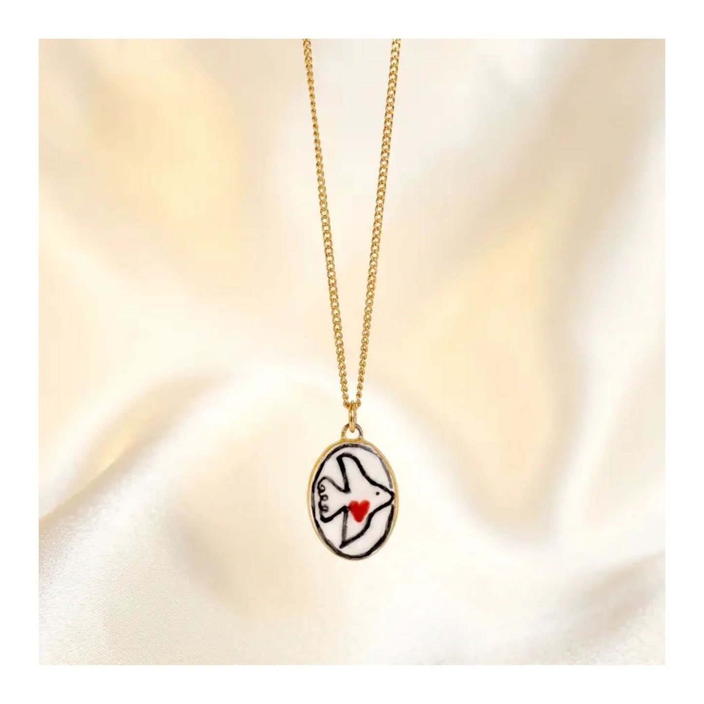 Dove with Red Heart Ceramic Pendant