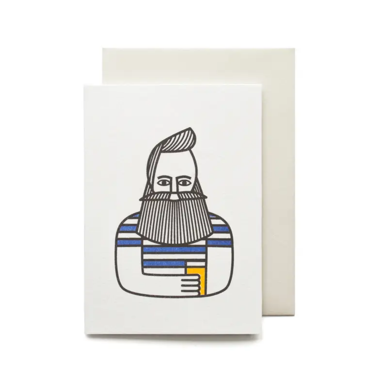 Greeting card with a stylized illustration of a bearded man drinking a pint on a white background.