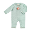 A handcrafted babygro in a light green and white stripe with embroidered fox detailing on the chest.