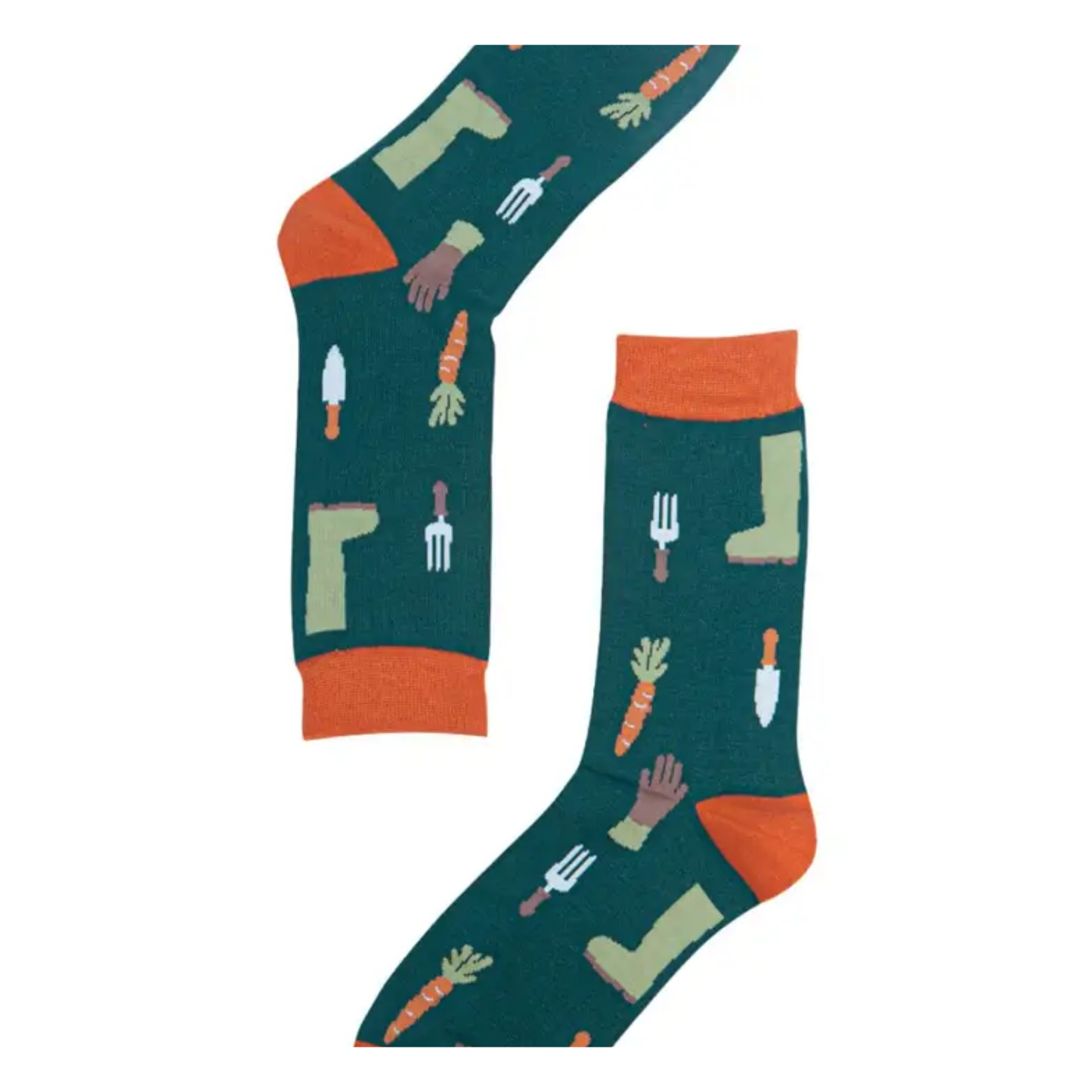 Pair of socks with gardening-themed design on a white background