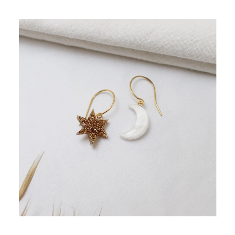 Gold Glitter & Pearl Star & Moon Earrings