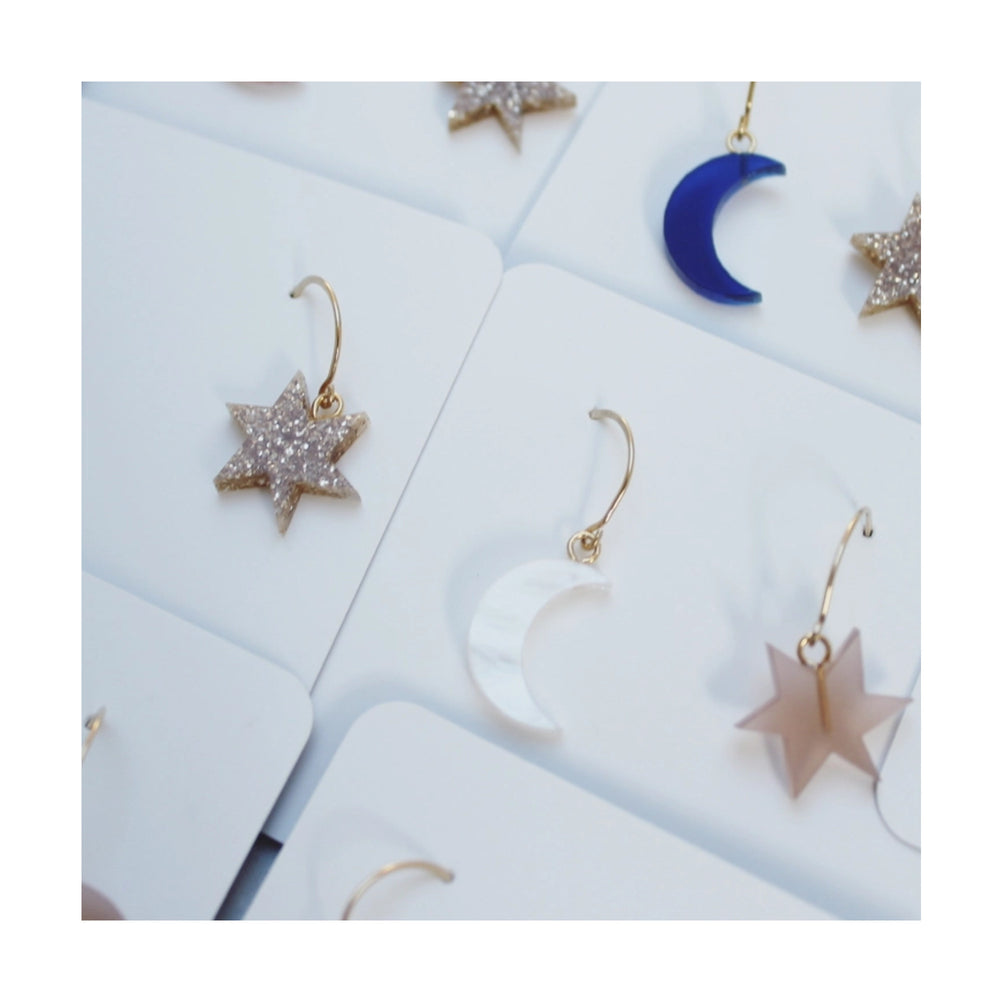 Gold Glitter & Pearl Star & Moon Earrings