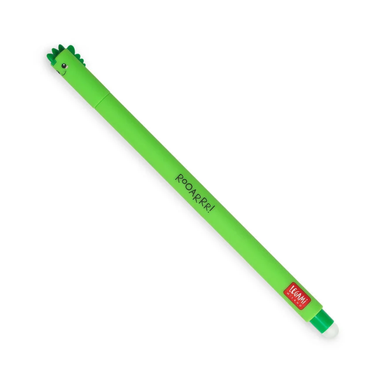 Green dinosaur-shaped pen with 'ROARRR!' text on a white background