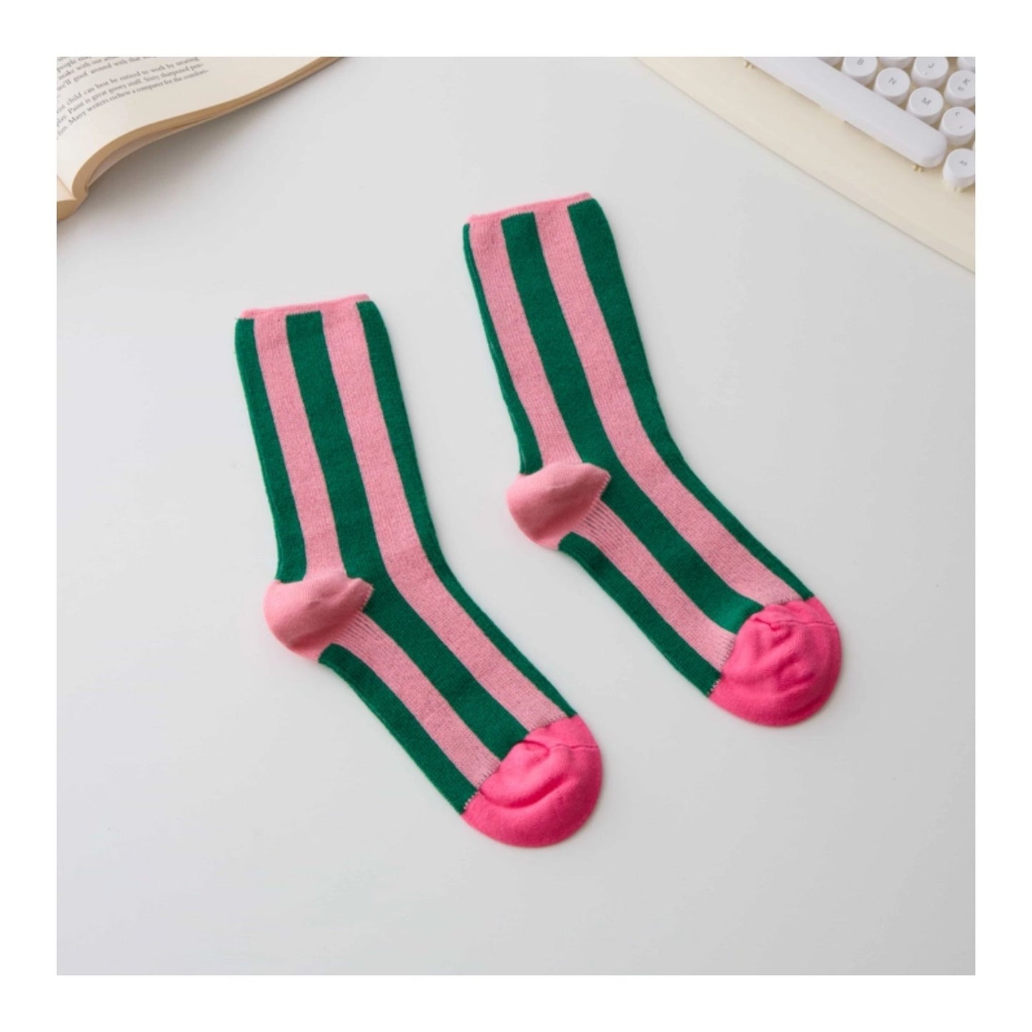 Green & Pink Cotton Striped Crew Socks