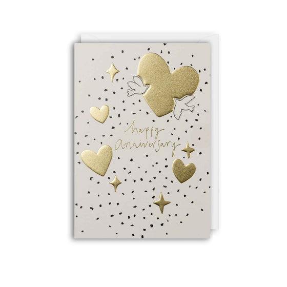 Happy Anniversary Card with gold hearts and love birds