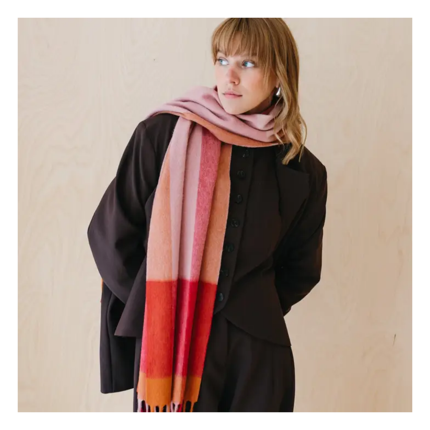 Lambswool Oversized Scarf in Berry Edge Check