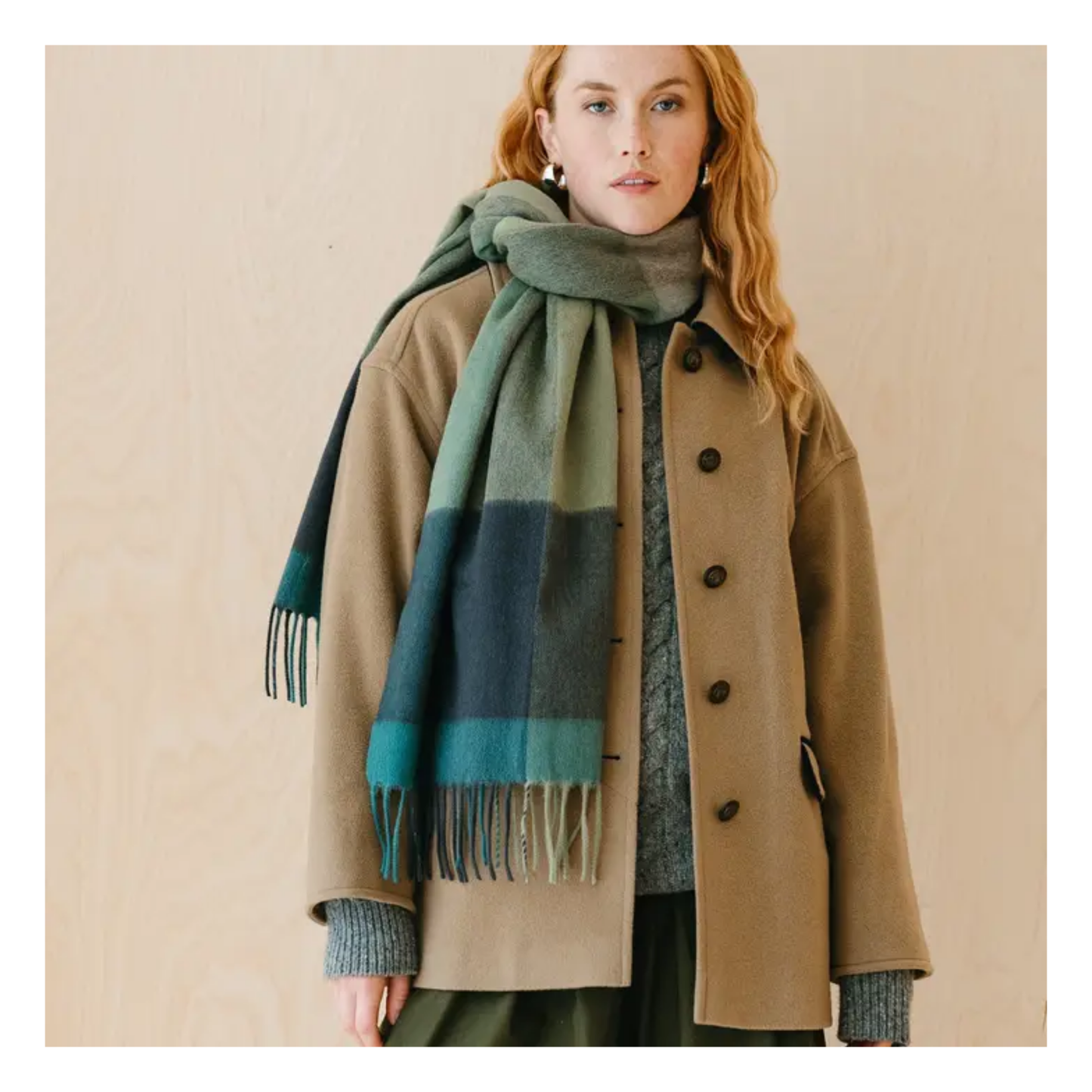 Lambswool Oversized Scarf in Green Edge Check