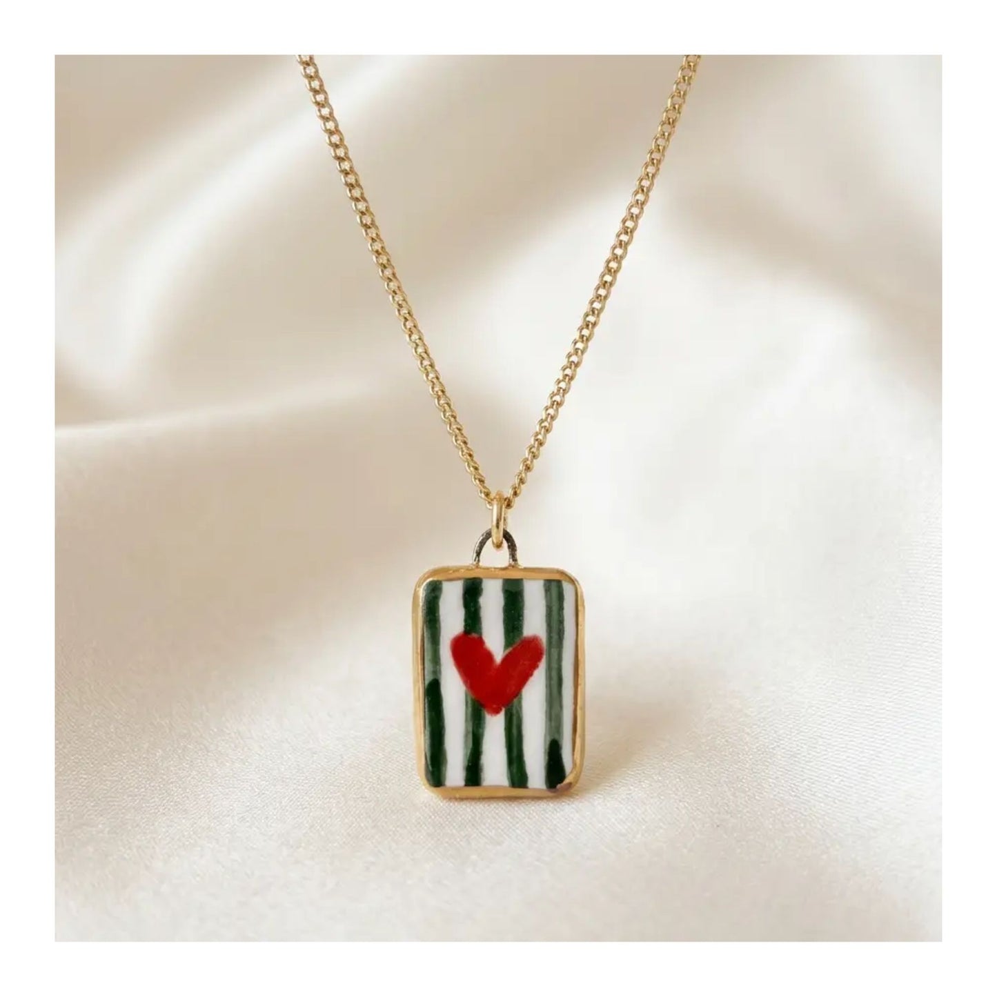 Heart with Green Stripes Ceramic Pendant
