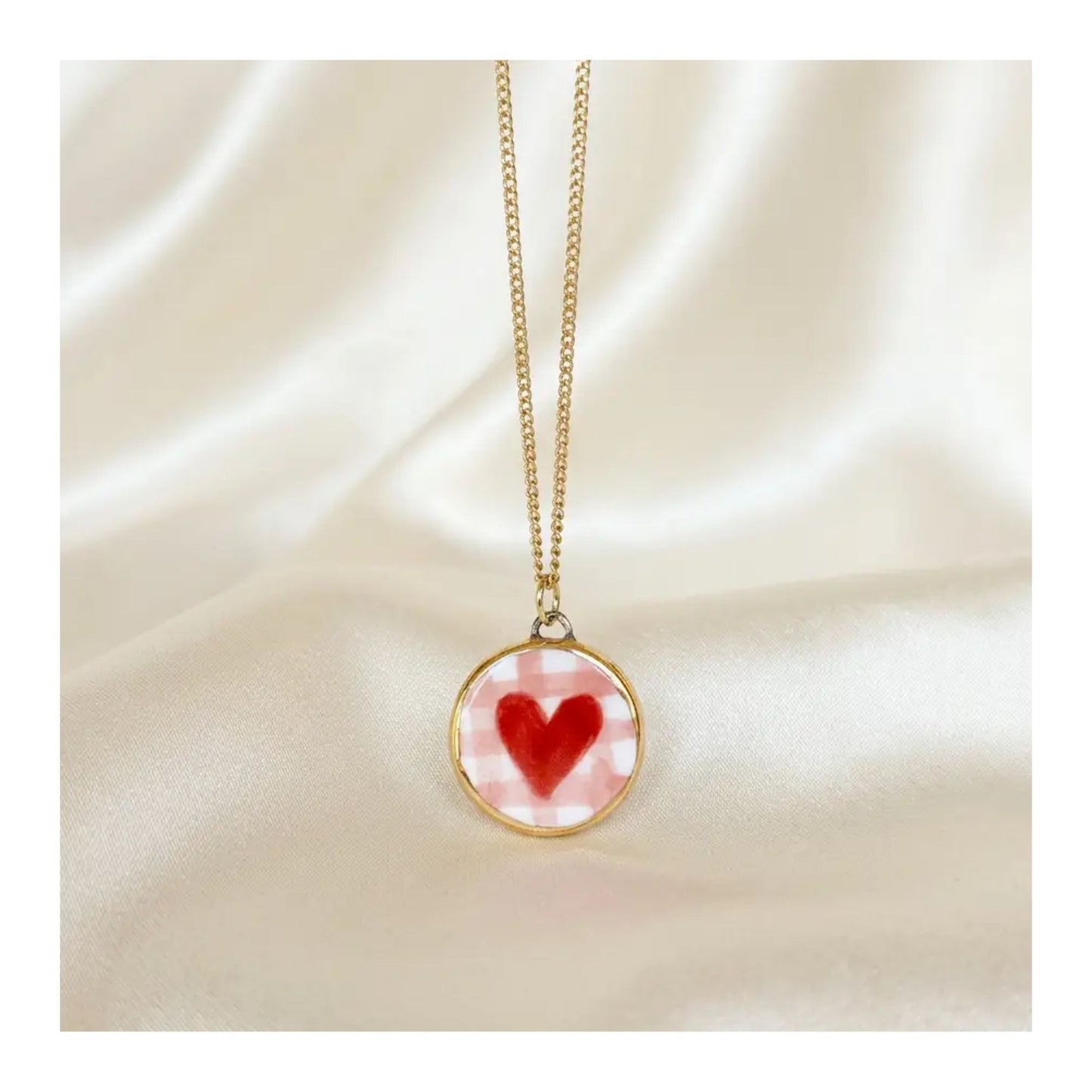 Heart with Pink Check Ceramic Pendant