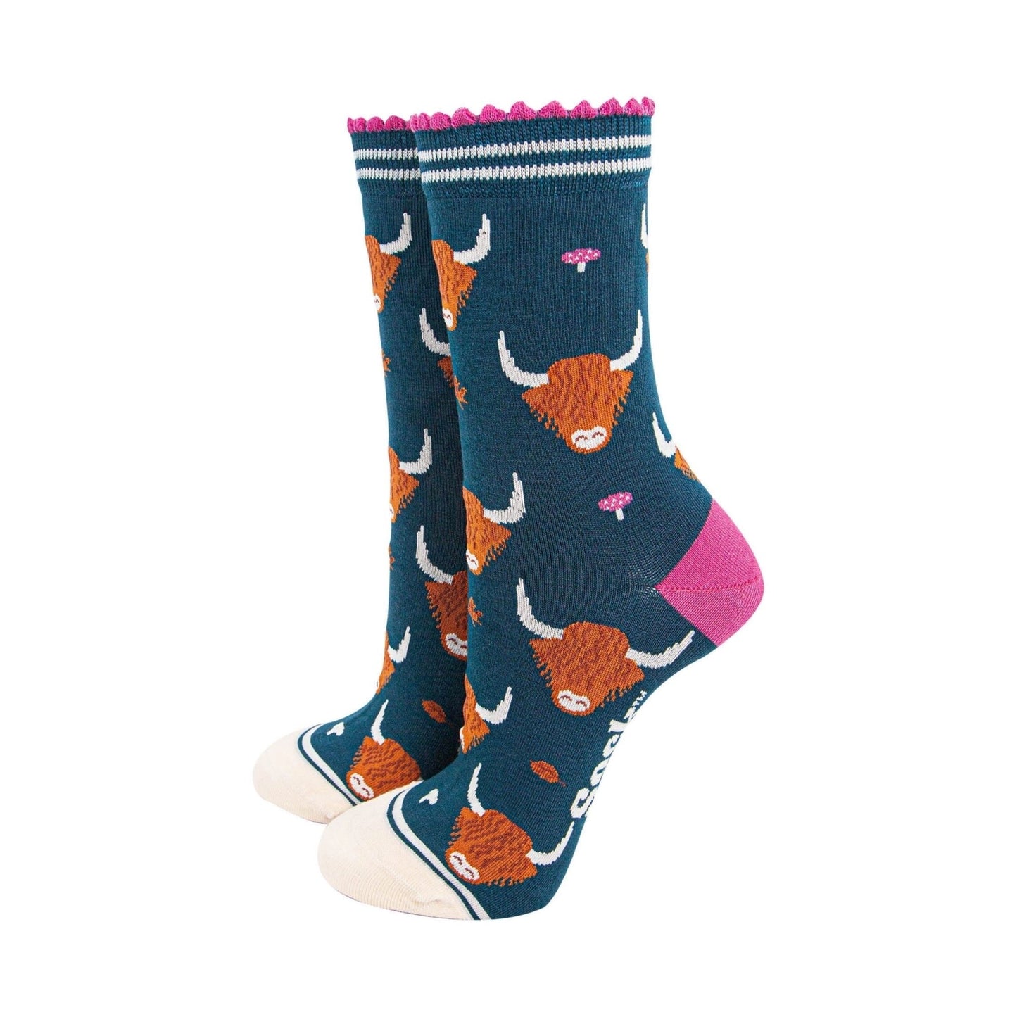 Highland Cow & Pink Toadstool Socks