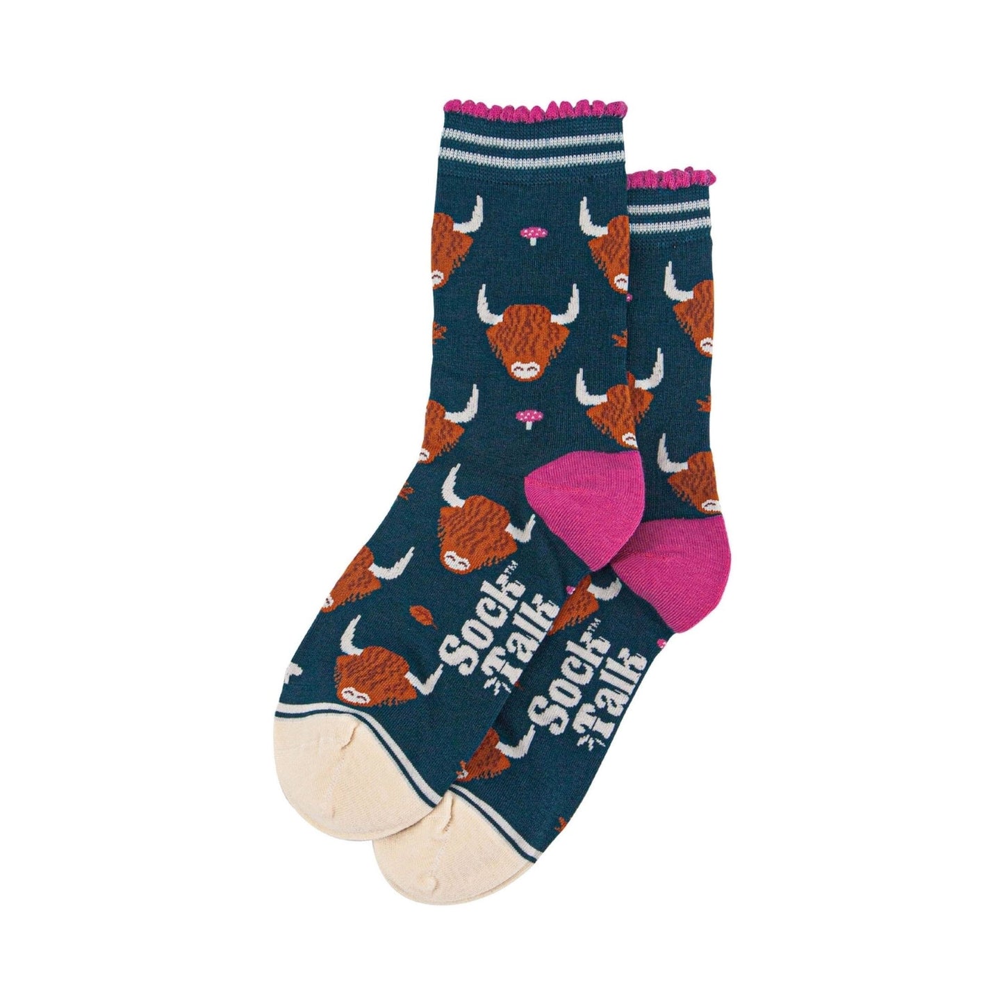 Highland Cow & Pink Toadstool Socks