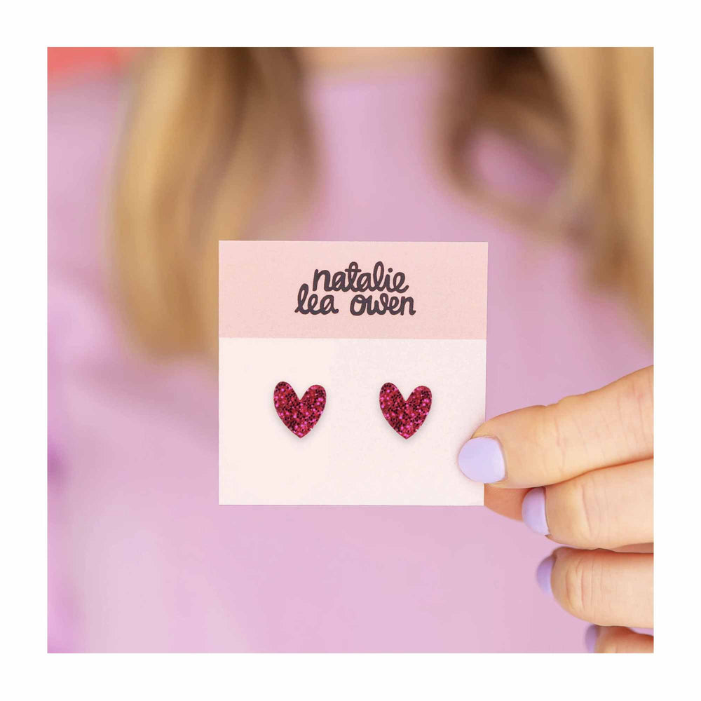 Hot Pink Glitter Heart Stud Earrings