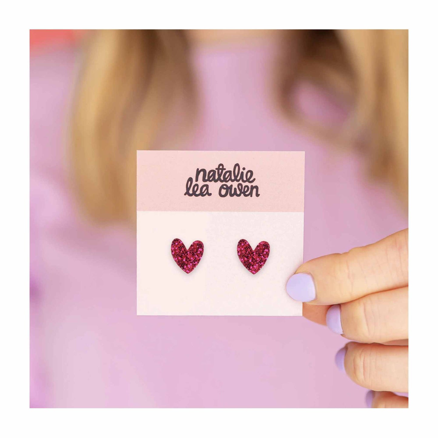 Hot Pink Glitter Heart Stud Earrings