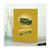 Landrover card. Text reads 'Old Classics are built to last' with an image of a green landrover on a yellow background.