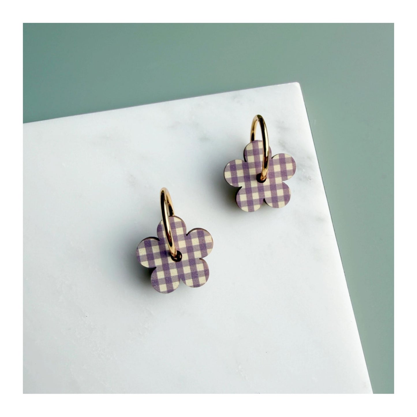 Lilac Gingham Daisy Hoop Earrings