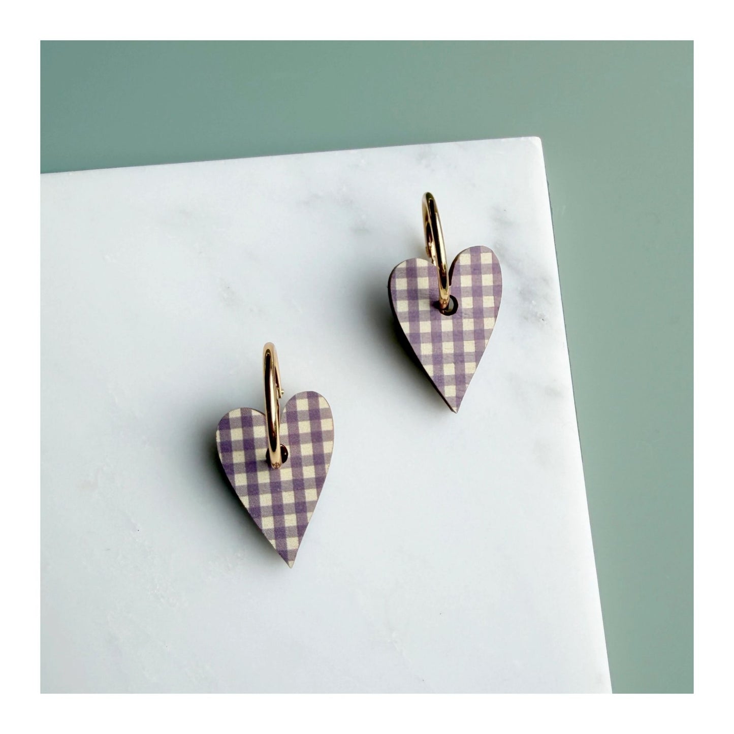 Lilac Gingham Heart Hoop Earrings