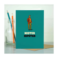  A bold, quirky illustrated card by The Typecast Gallery. It features a vintage-style illustration of a man with a cane, snazzy glasses and a fabulous beard, above the words "Mister Hipster". For the hipster in your life.&nbsp;