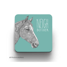  A colourful, pun-tastic coaster from Little Dot Creations featuring a horse and text that reads 'Neigh Bother'