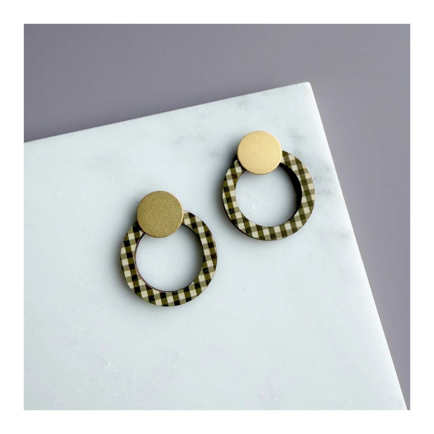 Olive Gingham Ring Stud Earrings