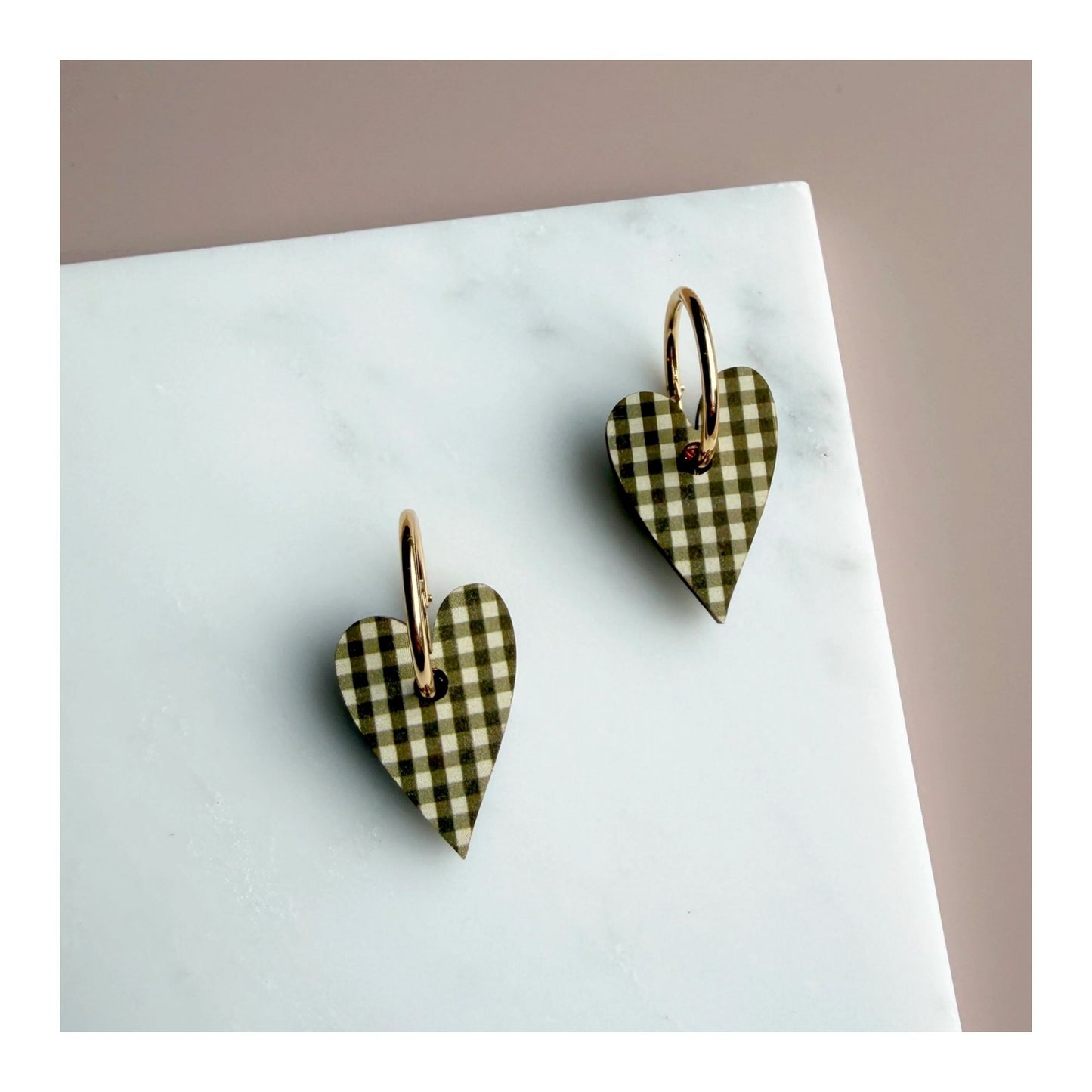 Olive Gingham Heart Hoop Earrings