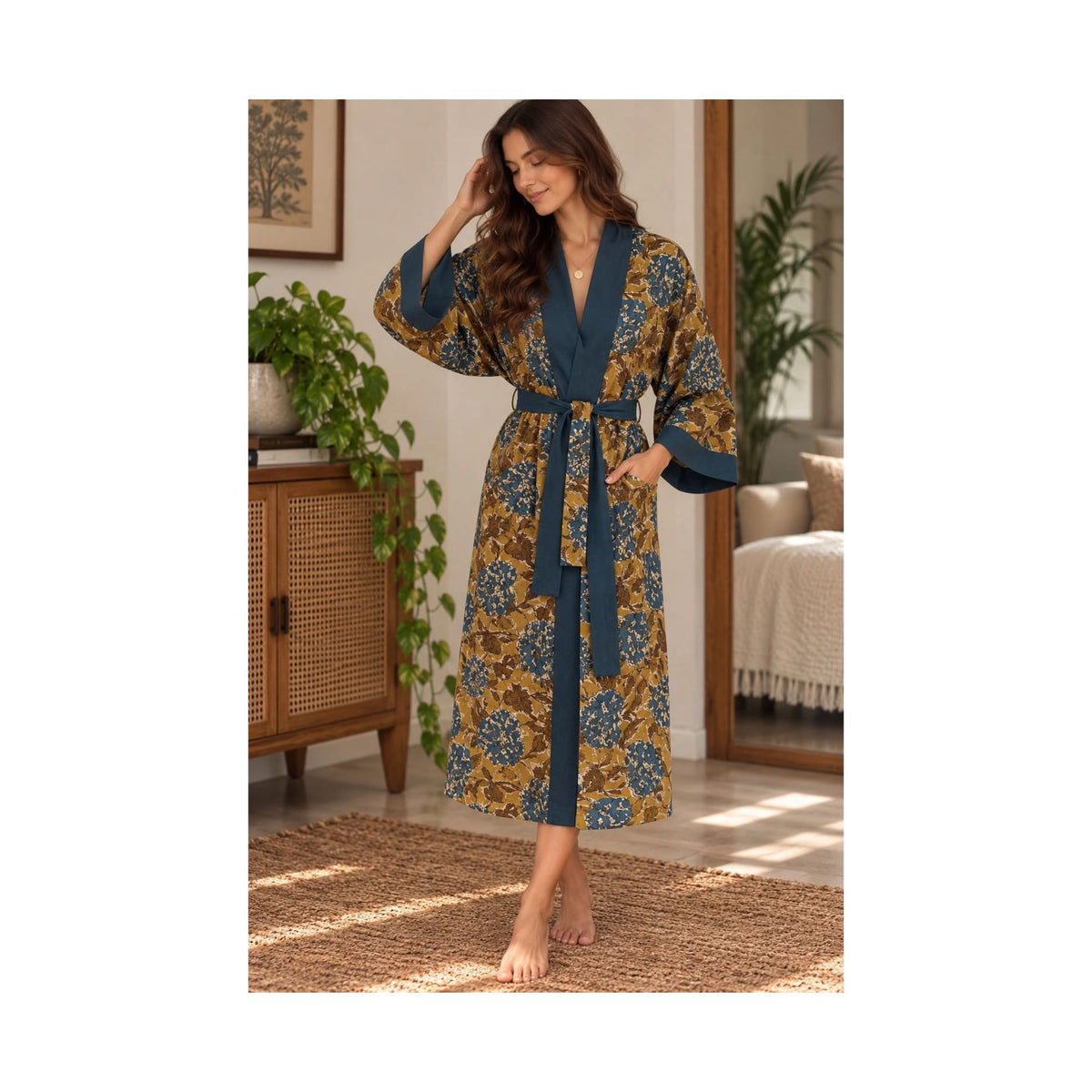 Mustard & Blue Cotton Handprinted Kimono