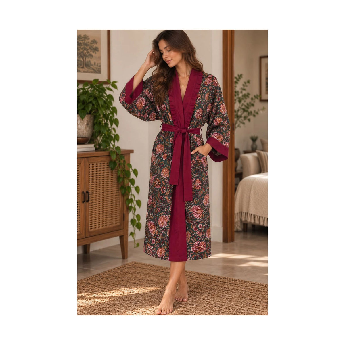 Navy & Pink Cotton Handprinted Kimono