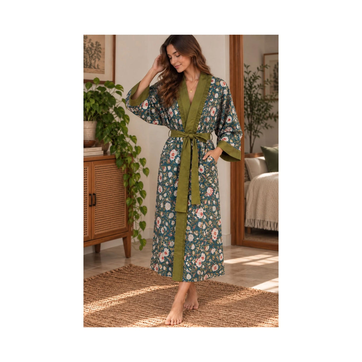 Teal & Green Cotton Handprinted Kimono