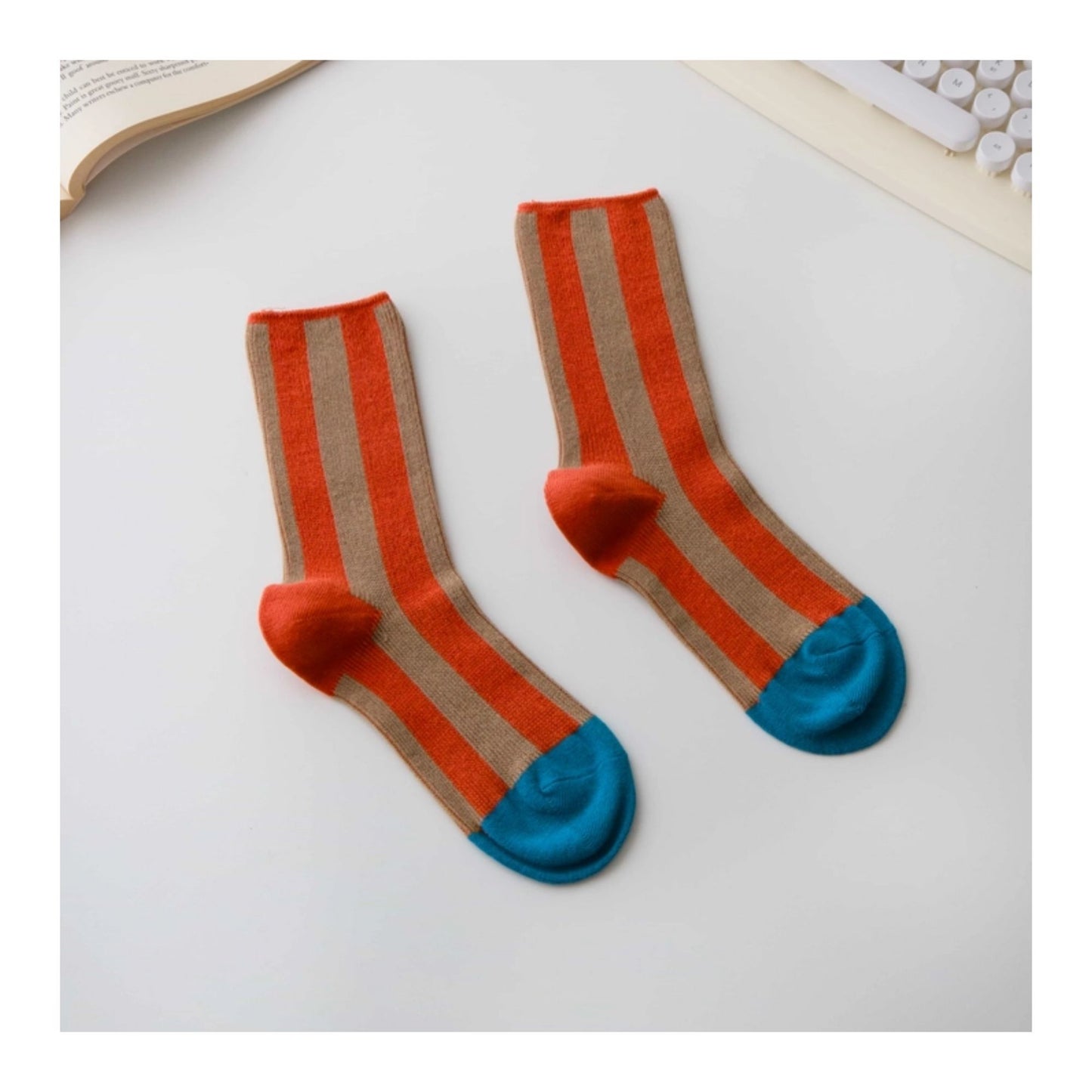 Orange & Beige Cotton Striped Crew Socks
